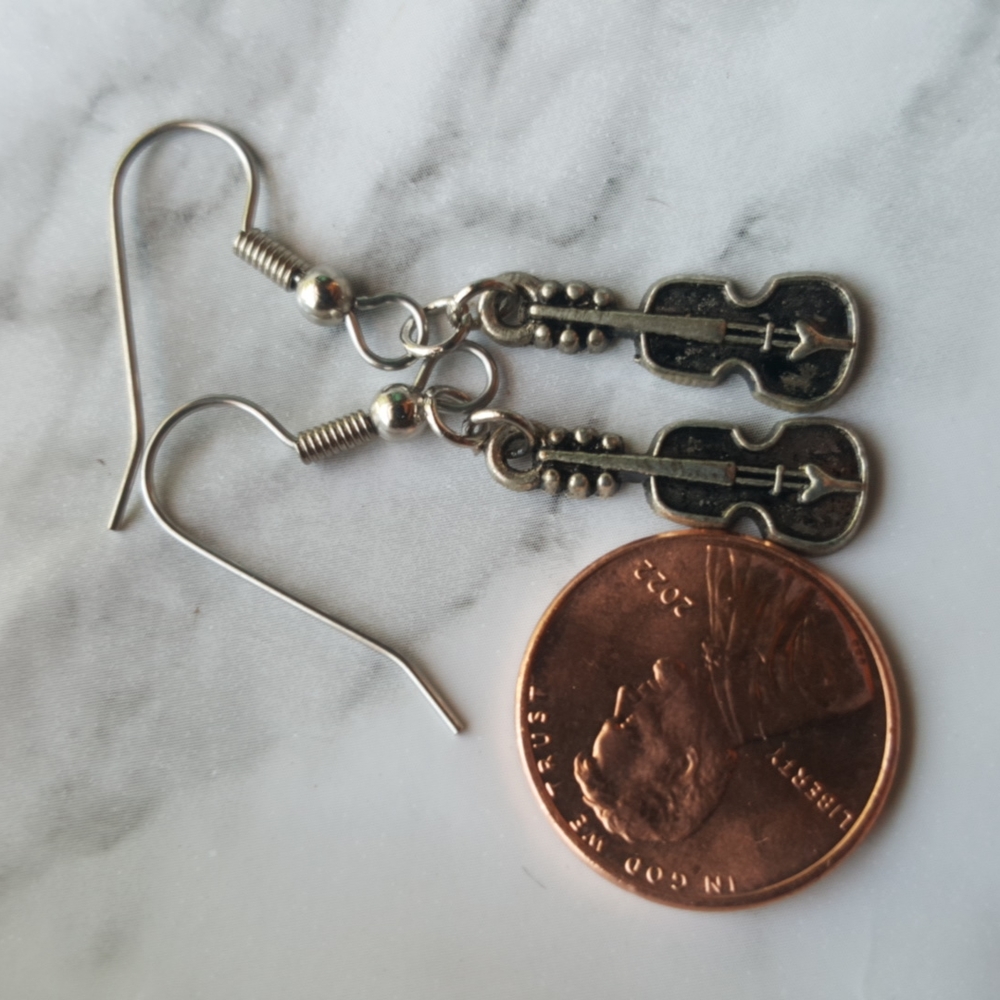 Violin Fiddle Earrings Surgical Steel Silver Tone - Picture 8 of 8